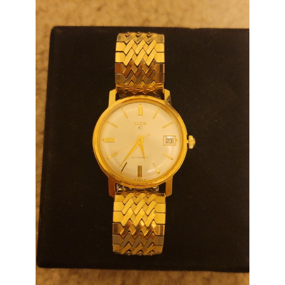 Vintage 1960's Men's Elgin 17j Swiss Automatic Gold T 33mm Wristwatch-Runs Great